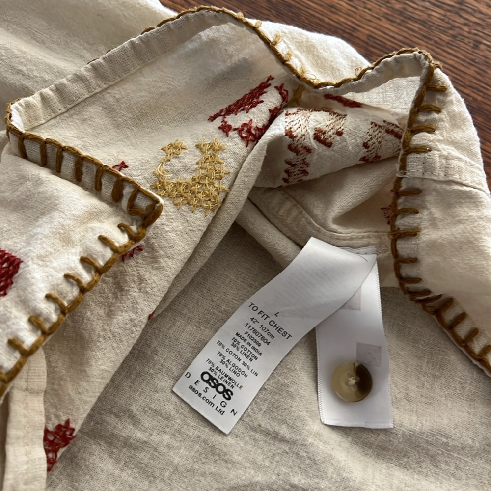 ASOS DESIGN relaxed revere shirt in linen mix with embroidered border Men’s SZ L - Picture 8 of 15